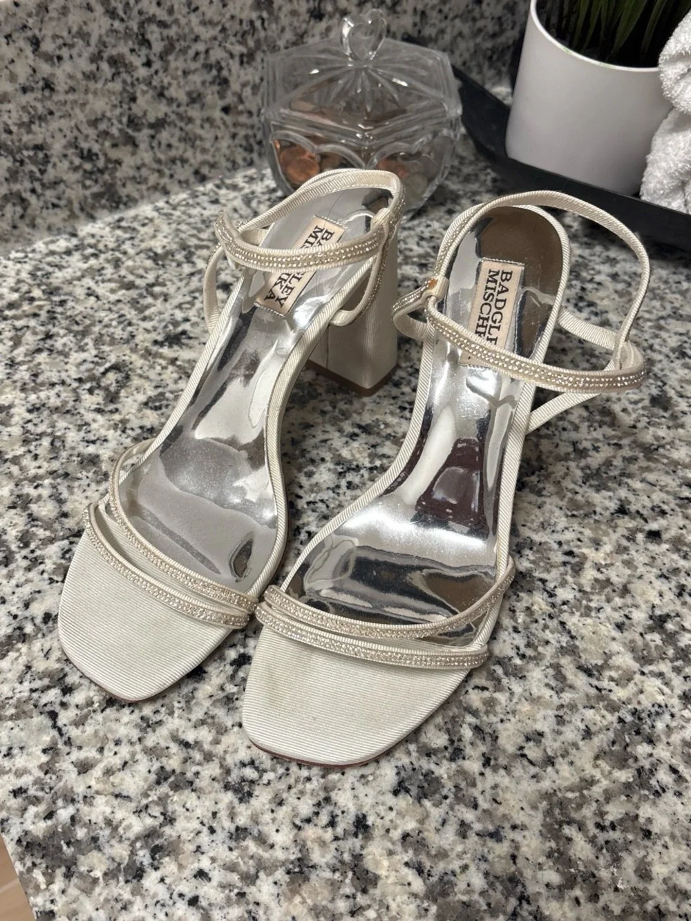 Badgley Mischka Ivory Satin Strappy Block Heel Sandals